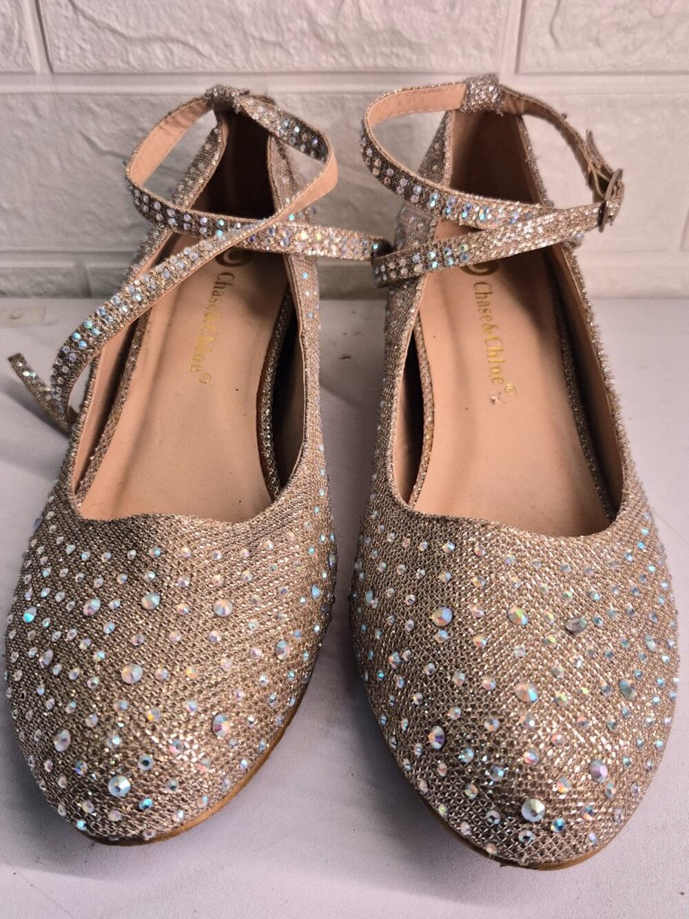 Chase & Chloe Size 10 Rhinestone Crystal Bling Gold Wedge Pumps Glam Party Shoes